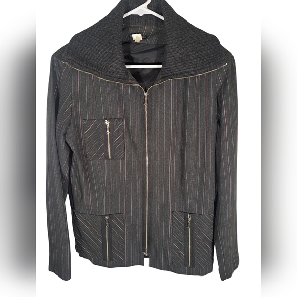 Vex Y2K 100% Wool Black with Pinstripes Zip Up Jacket Size Large - Picture 1 of 6